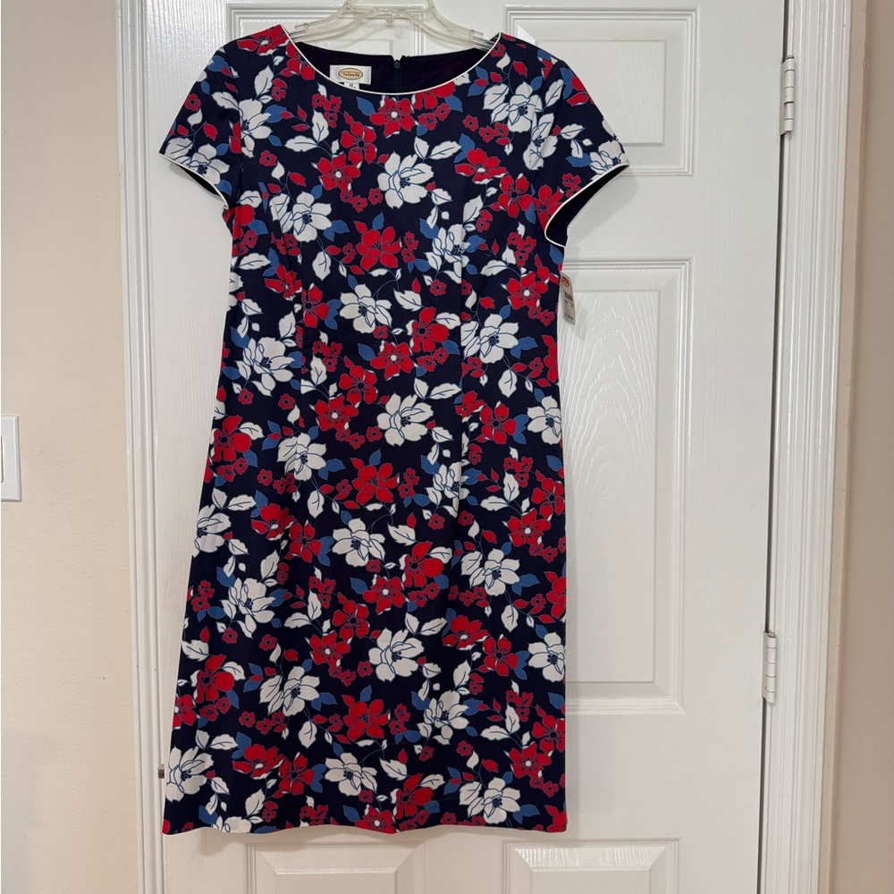 Talbots Sheath Dress Size 10 AOP Blue Red & White Floral Cap Sleeve Lined READ